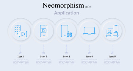 Application set icon. Smartphone with play button, smartphone with play button and coins, laptop, smartphone with video call, video application, multimedia, communication, finance
