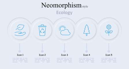 Ecology set icon. Leaf hand, recycling bin, sun and cloud, tree, flower, environment, nature, sustainability, conservation, green living