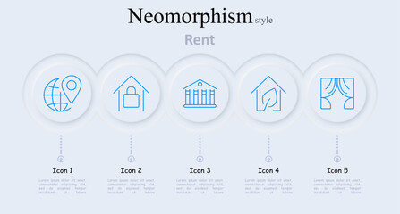 Rent set icon. Globe with location pin, house with lock, house with columns, house with leaf, window with curtains, real estate, rental, property management