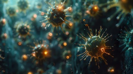 Abstract microscopic image of virus cells with glowing spikes, highlighting the concept of disease and infection.