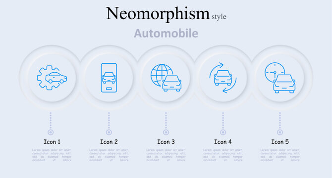 Automobile set icon. Car with gear, phone, globe with cars, arrows, car with clock, vehicle, car rental, transportation services