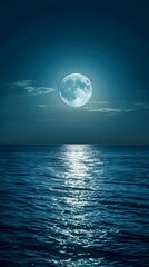 A serene moonlit night over the calm waters of an ocean, with reflections of the full moon on gentle waves.