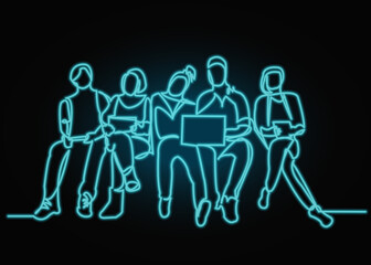 Continuous drawing of a line of five sitting happy team members. One continuous hand-drawn hand silhouette. line art.  with neon vector effect