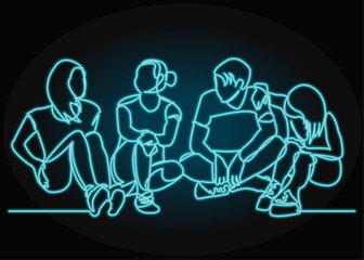 Continuous drawing of a line of four sitting happy team members. One continuous hand-drawn hand silhouette. line art.  with neon vector effect