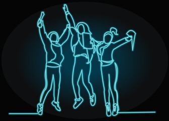 Continuous line drawing of three  jumping happy team members.one continuous drawn line from the hand picture silhouette. line art.  with neon vector effect