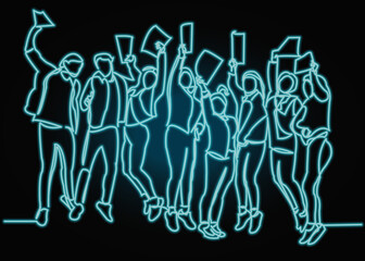 Continuous line drawing of eight  jumping happy team members.one continuous drawn line from the hand picture silhouette. line art.  with neon vector effect