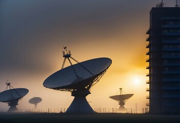 large satellite antennas in foggy weather 
