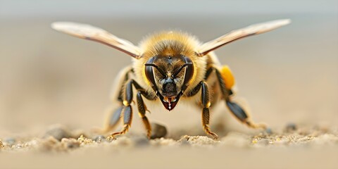 Macro Shot of a Honeybee Showing Spread Wings, Fuzzy Body, and Striped Pattern. Concept Macro Photography, Honeybee Wings, Bee Details, Close-up Nature Shot, Insect Patterns