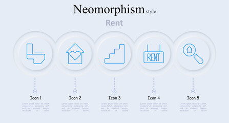 Rent set icon. Toilet, house with heart, stairs, rent sign, house search. Real estate, property, rent, lease, housing, tenant, landlord, apartment, home, residential, commercial, amenities, facilities