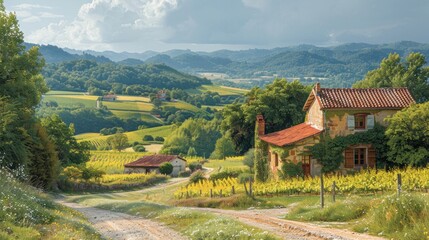 EnrouteFrance, a scenic journey through lush vineyards and picturesque villages, painted on a blank backdrop