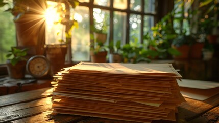 Cut white papers on a wooden Scandinavian style table. Soft white light is coming through the window, early summer in the Northern Europe. Calm atmosphere