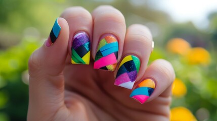 Fototapeta premium Close-up of Colorful Geometric Nail Art