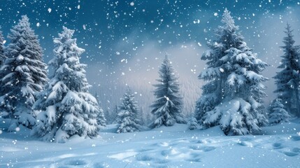 Scene of snowy landscape with footprints in snow around evergreen trees, A winter wonderland scene with snow-covered pine trees under the azure twilight, AI Generated