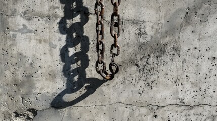 An aged steel chain hanging above textured concrete casting a shadow