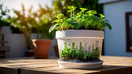 A pot of green plants is placed in a garden background., Placed as decoration on the wooden table, Growing a vegetable and plants for relaxing, Green plants in a white pot, Green plant on a white pot.