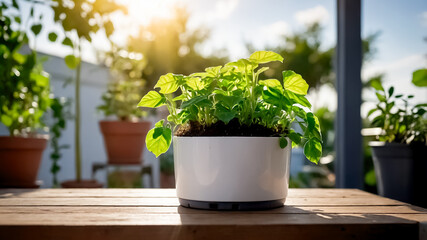 A pot of green plants is placed in a garden background., Placed as decoration on the wooden table, Growing a vegetable and plants for relaxing, Green plants in a white pot, Green plant on a white pot.