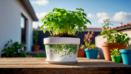 A pot of green plants is placed in a garden background., Placed as decoration on the wooden table, Growing a vegetable and plants for relaxing, Green plants in a white pot, Green plant on a white pot.