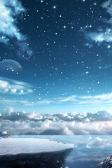 Naklejka premium Starry Night Sky Over Cloudy Horizon with Snow-Covered Cliff, Celestial Landscape with Copy Space