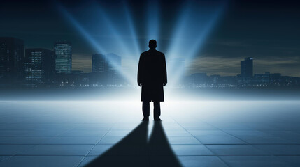 A mans silhouette against a city skyline.