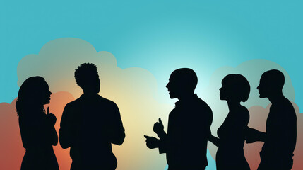 A modern and diverse group of people communicating through speech bubbles, promoting dialogue and understanding.