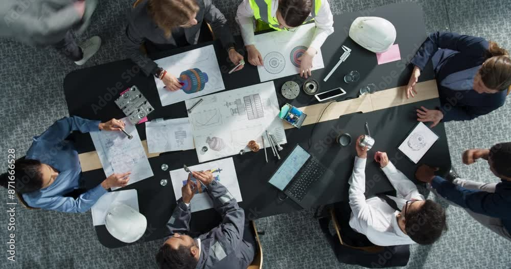 Poster Zoom Out Top Down View: Diverse Team of Business Managers and Construction Engineers Working With Blueprints Of Heavy Industrial Machinery in An Office. Teamwork Of Colleagues With Laptop, Tablet
