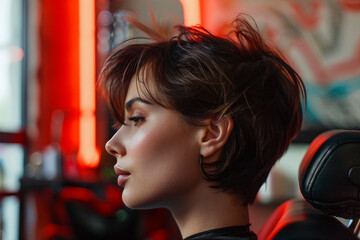 Fototapeta premium Hairdresser salon room interior, hair specialist making hairdo hairstyle to client, Generative AI