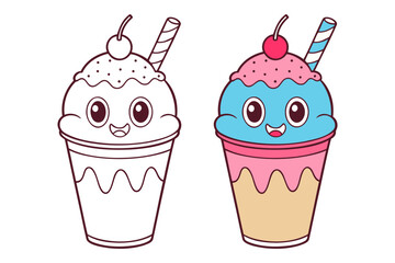 Cartoon Ice cream set icon logo, summer elements design, fun ice cream in paper cup with berry and sprinkles, isolated on white background.