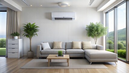 generic air conditioner purifier or AC controller split unit mockup with modern bright Livingroom background