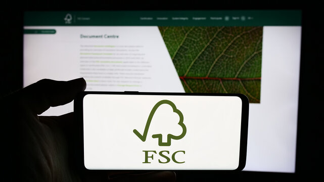 Stuttgart, Germany - 06-26-2024: Person holding cellphone with logo of organisation Forest Stewardship Council GmbH (FSC) in front of webpage. Focus on phone display.