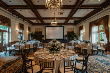 A large room with a projector screen and a chandelier