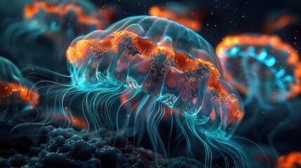 Obraz premium Glowing Jellyfish in the Deep Sea
