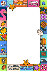 Funky beach png doodle frame, colorful design, transparent background