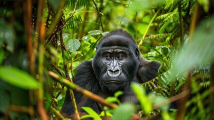 Mountain gorilla gazes into camera, lush green background
