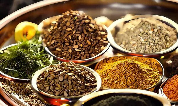 Assortment of aromatic spices, seeds and dry herbs for cooking food on background rotating in smal glass bowls rotating, close up, top view