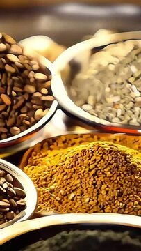 Assortment of aromatic spices, seeds and dry herbs for cooking food on background rotating in smal glass bowls rotating, close up, top view