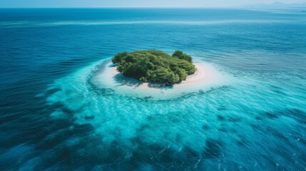 A tiny island sits amidst the vast turquoise ocean, A solitary island in the middle of a turquoise sea, AI Generated