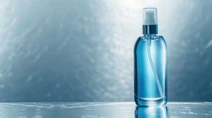 Transparent blue lotion bottle on silver background with text space