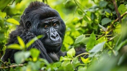 Obraz premium A mountain gorilla peers out from dense foliage