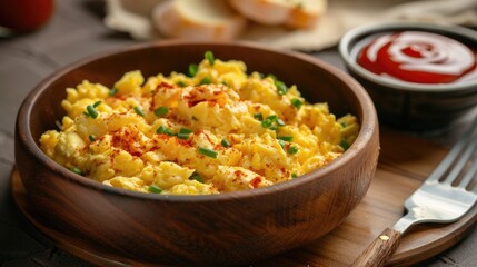 Scrambled eggs served with utensils and ketchup bowl