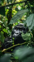 Obraz premium A mountain gorilla peeks out from behind leafy branches