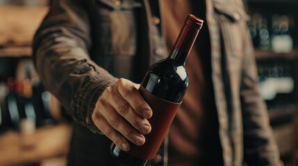 A man holding a red wine bottle in close up