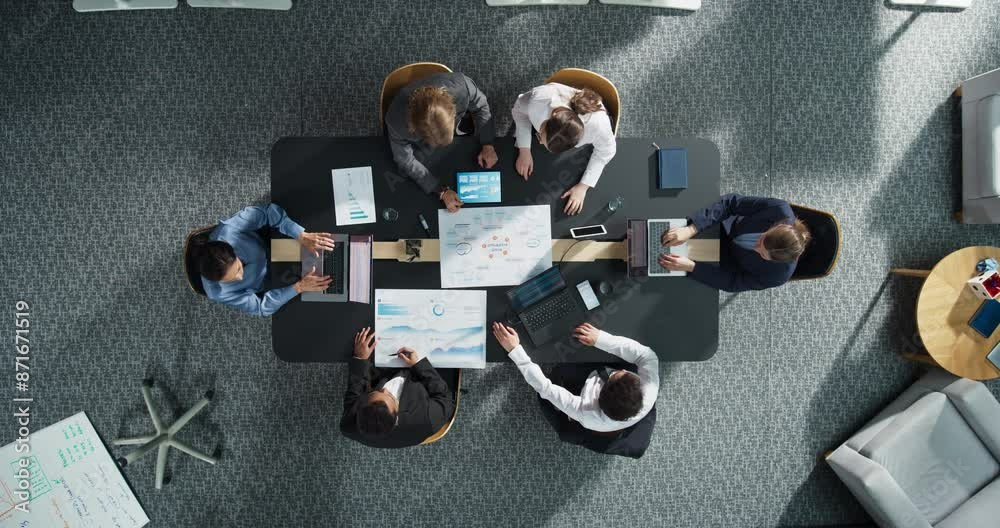 Aufkleber top down view: diverse team of professional managers and specialists analyzing business data and str