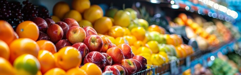 Display of fresh fruits in grocery store with apples, bananas, grapes, oranges, and more colorful options