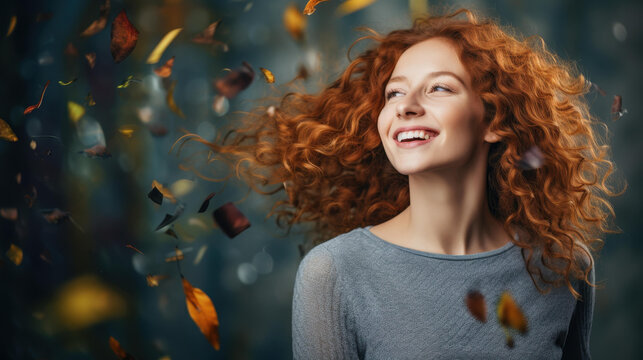 A woman with arms raised, surrounded by colorful confetti, celebrates under a bright sky, conveying happiness.
