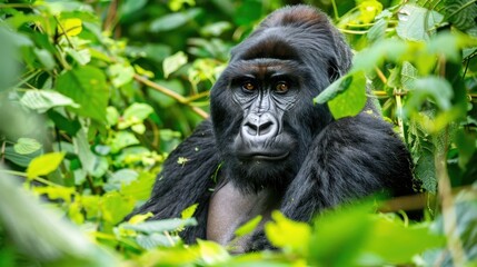 Fototapeta premium Mountain gorilla looking through foliage