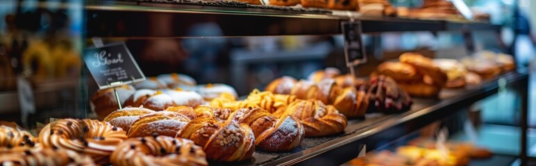 A variety of freshly baked pastries beautifully arranged on a bakery counter, including croissants and muffins