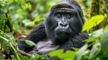Obraz premium A mountain gorilla relaxes in the dense foliage of a Rwandan jungle