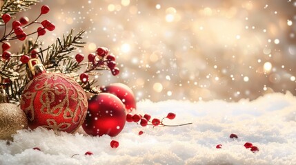 Holiday themed card with red and gold decorations on snowy backdrop