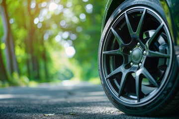 A closeup view of a car wheel on an asphalt road with green trees in the summer sunlight.