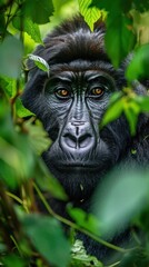 Obraz premium A mountain gorilla peeks through leaves in the lush rainforest